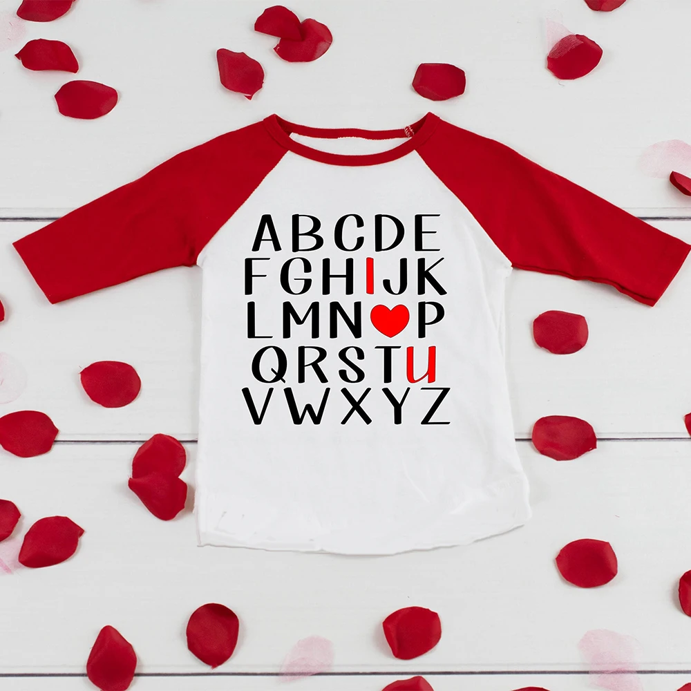 

A-Z Alphabet I Love U Printed Shirt Kids Raglan T-shirt Children Valentine's Long Sleeve Clothes Valentine Outfit for Girls Boys