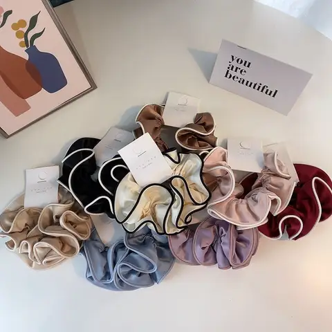 한국어 StyleSatin 실크 더블 천 Satain 대형 Scrunchies 여성용 헤어 액세서리 여성용 하이 엔드 탄성 밴드