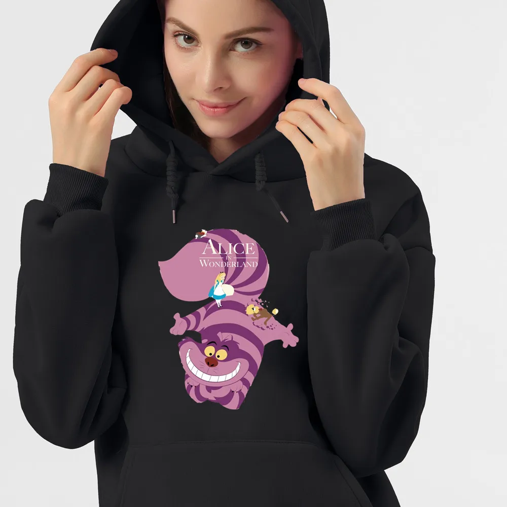 Cartoon Cheshire Cat Hoodie Fashion Alice in Wonderland Hoody Print Cute Cat Long Sleeve Hooded Pullover Womens Sweatshirt