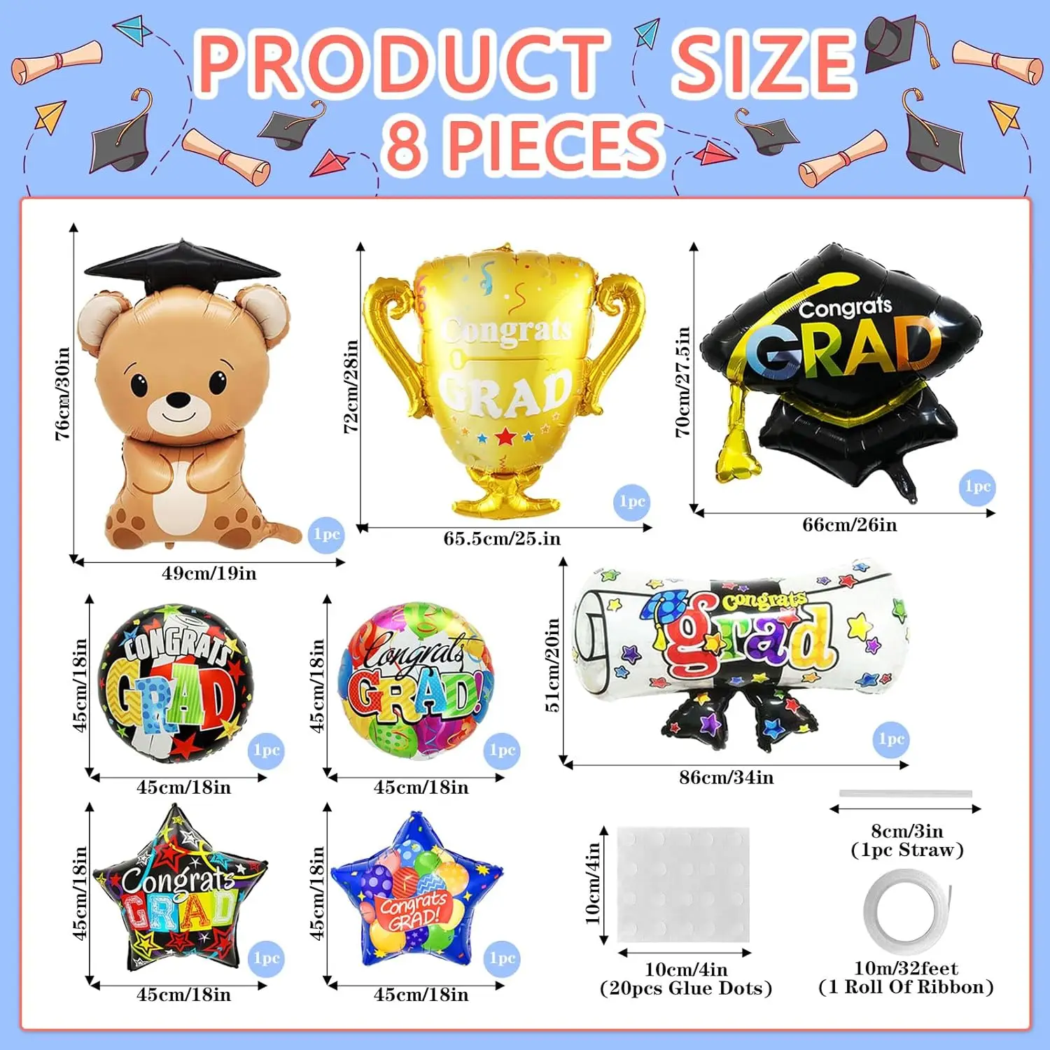 Graduation Balloons Class of 2025 Grad Cap Bear Diploma Trophy Congrats Mylar Balloons 2025 Graduation Party Decoration Supplies