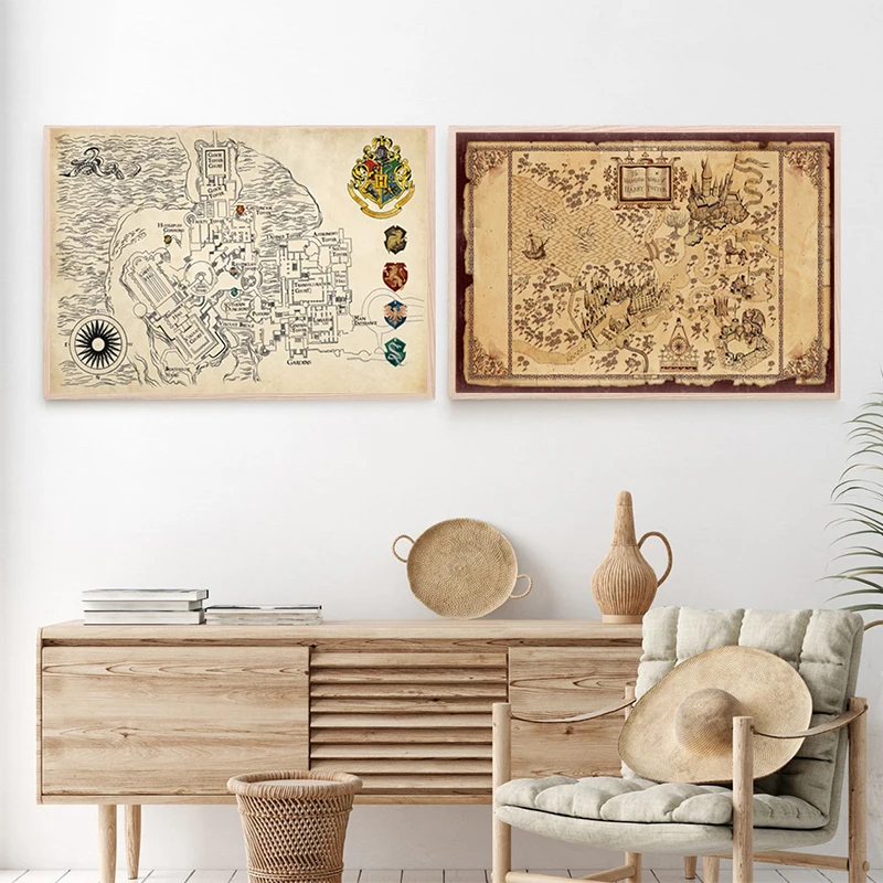 Mapa del Castillo del Mundo Mágico de Harry Potter, Impresiones Artísticas, Pósteres Clásicos de Películas, Mapa de Hogwarts Vintage, Pintura en Lienzo, Decoración de Pared para el Hogar