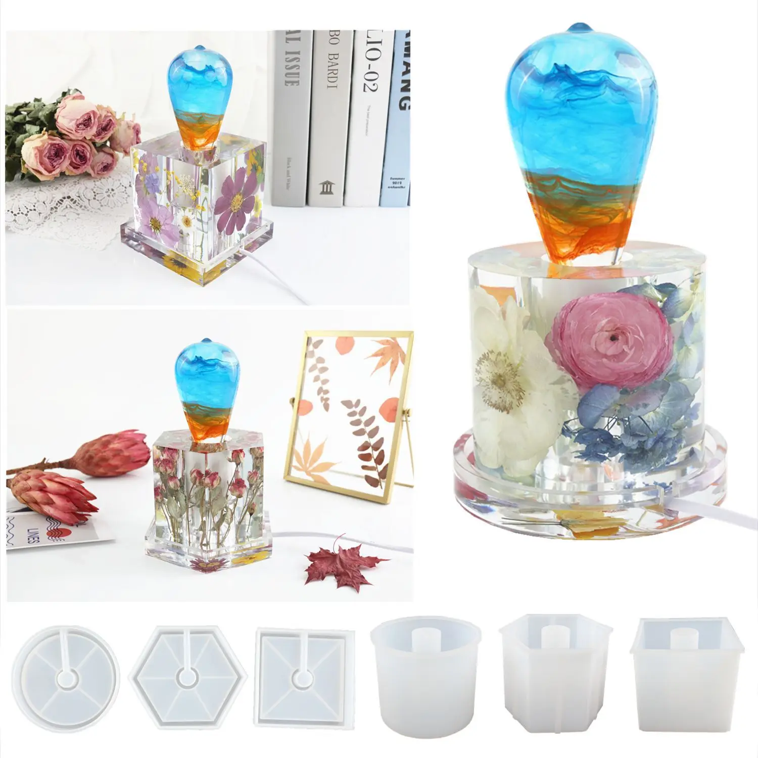 DIY Epoxy Resin Mold Lamp Holder Hexagonal Cube Cylinder Bedside Lamp Silicone Mold Home Decoration