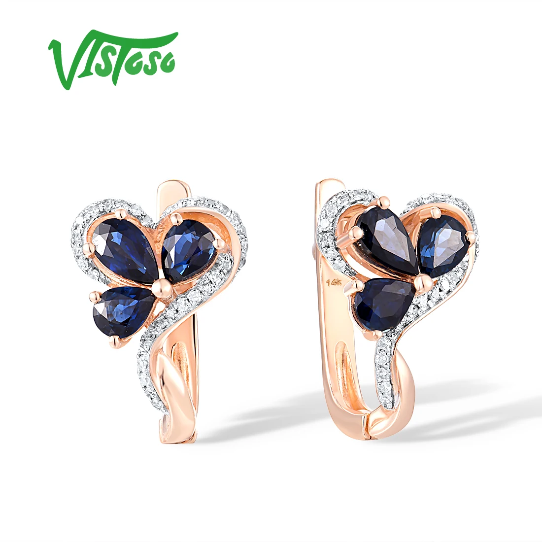 

VISTOSO Genuine 14K 585 Rose Gold Earrings For Women Sparkling Blue Sapphire Diamond Flower Earrings Elegant Trendy Fine Jewelry