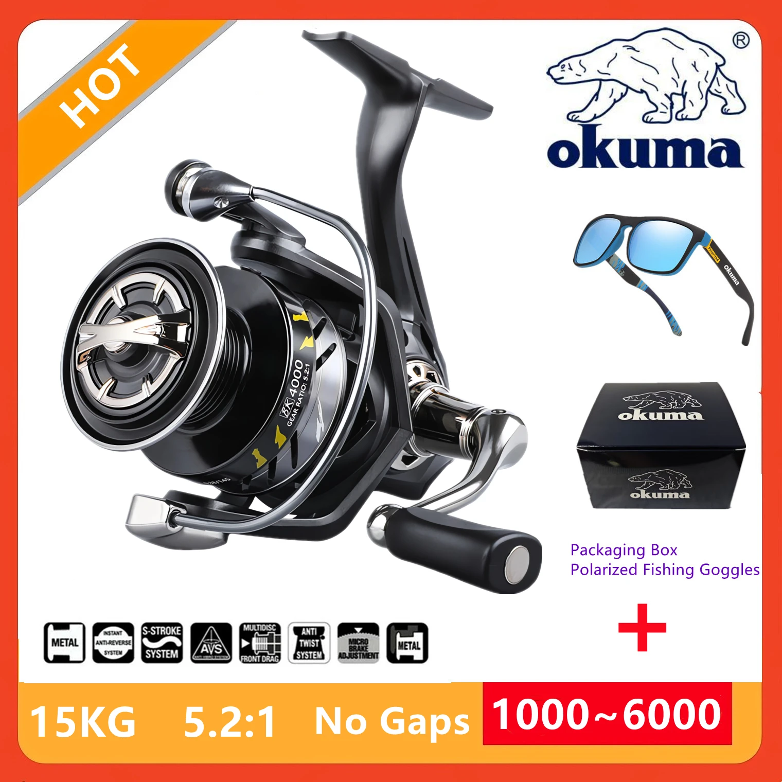 Okuma Fishing Reel No Gaps 15KG Max Drag Spinning Reel  Metal Spare Spool Saltwater Reel Fishing Accessories Carp Reel