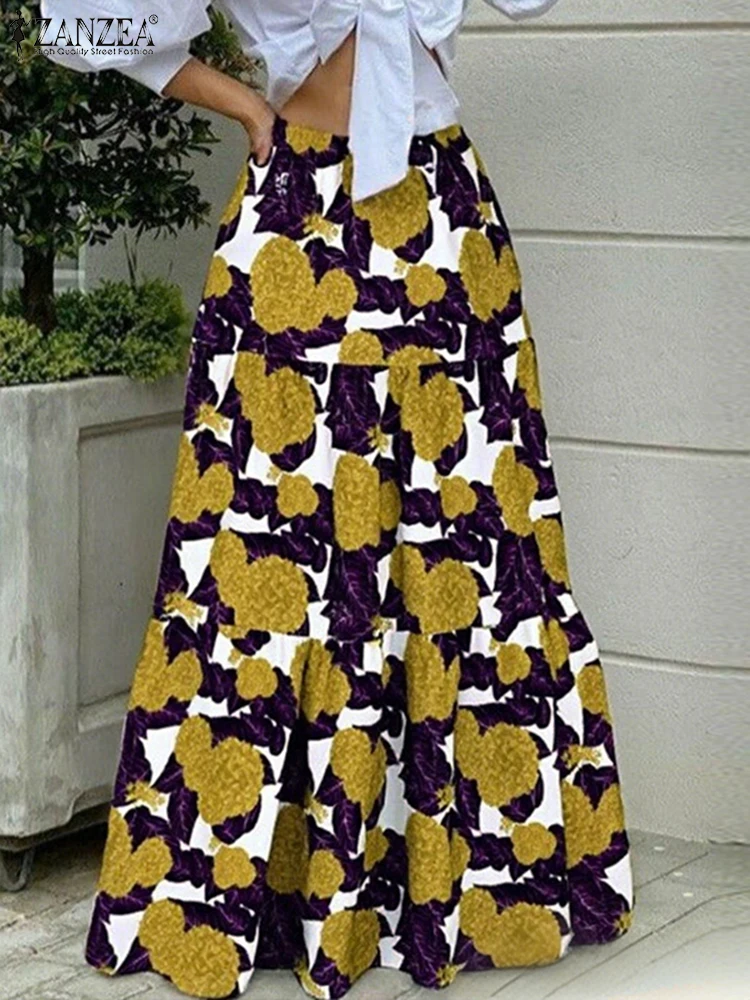 

ZANZEA Vintage Flowers Printed Maxi Skirts Women Overskirts 2025 Summer Holiday Party Casual Elastic Waist A-Line Bottms
