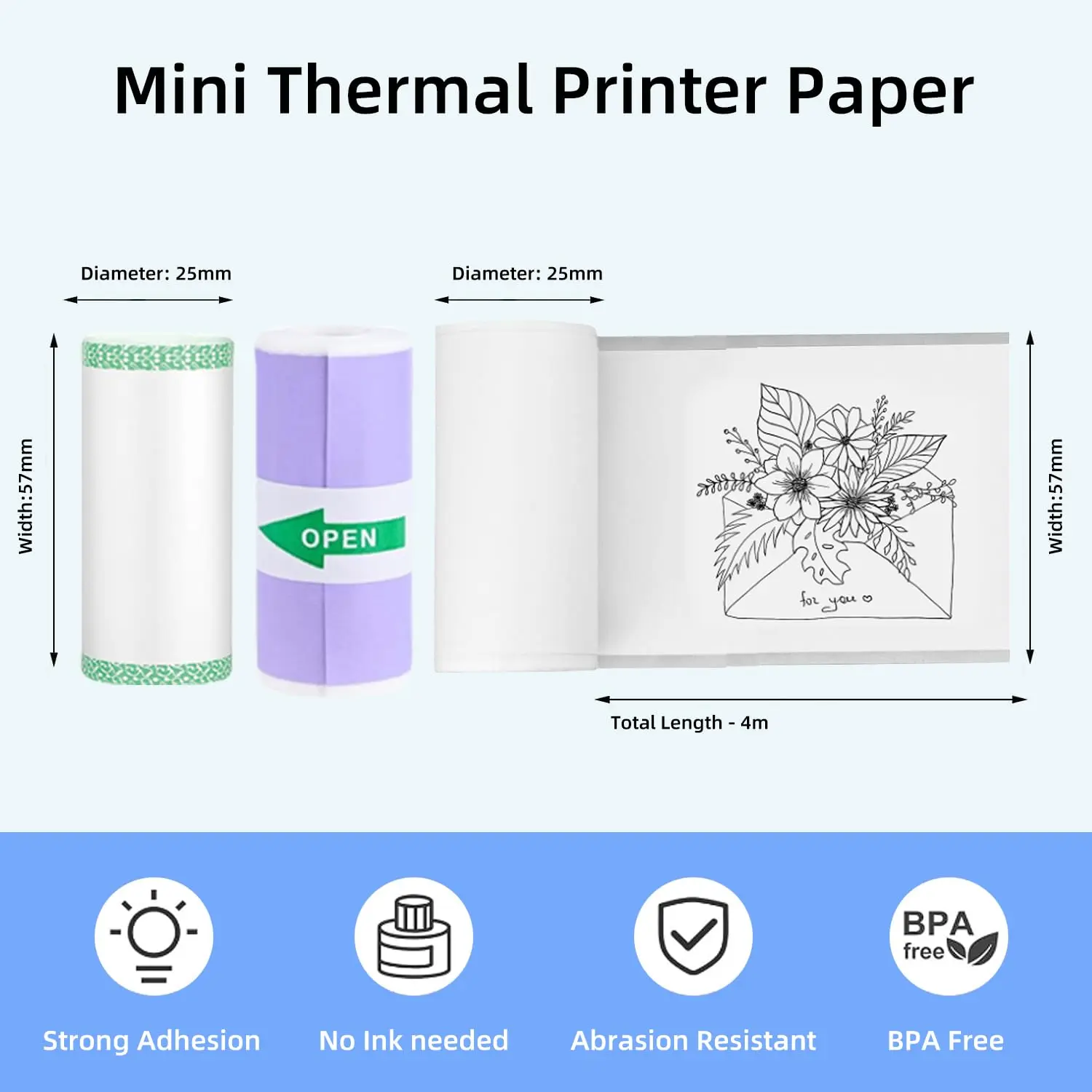 Papel térmico autoadhesivo de 57mm para impresora Mini, papel fotográfico colorido para niños, piezas de repuesto, accesorios de impresión