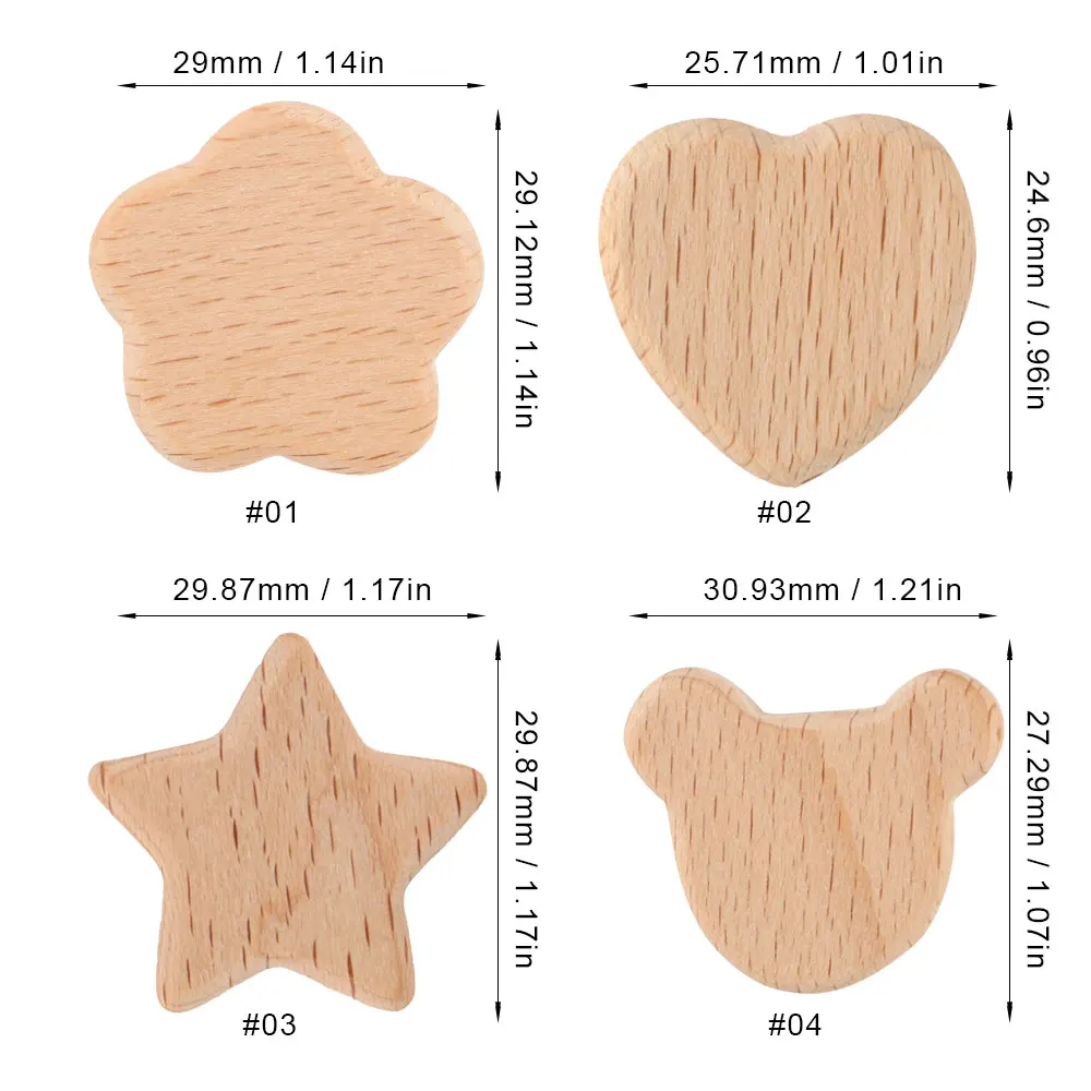 Sunrony 10Pcs/Lot Beech Wooden Beads Heart Star Shape Baby Beads for DIY Necklace Pacifier Chain Jewelry Making Accessories