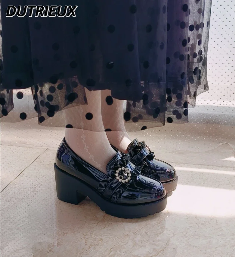 Japanese Sweet Mine Rhinestone Lace Patent Leather Shoes Women Thick Bottom Platform Waterproof Platform High Heels Lolita Pumps