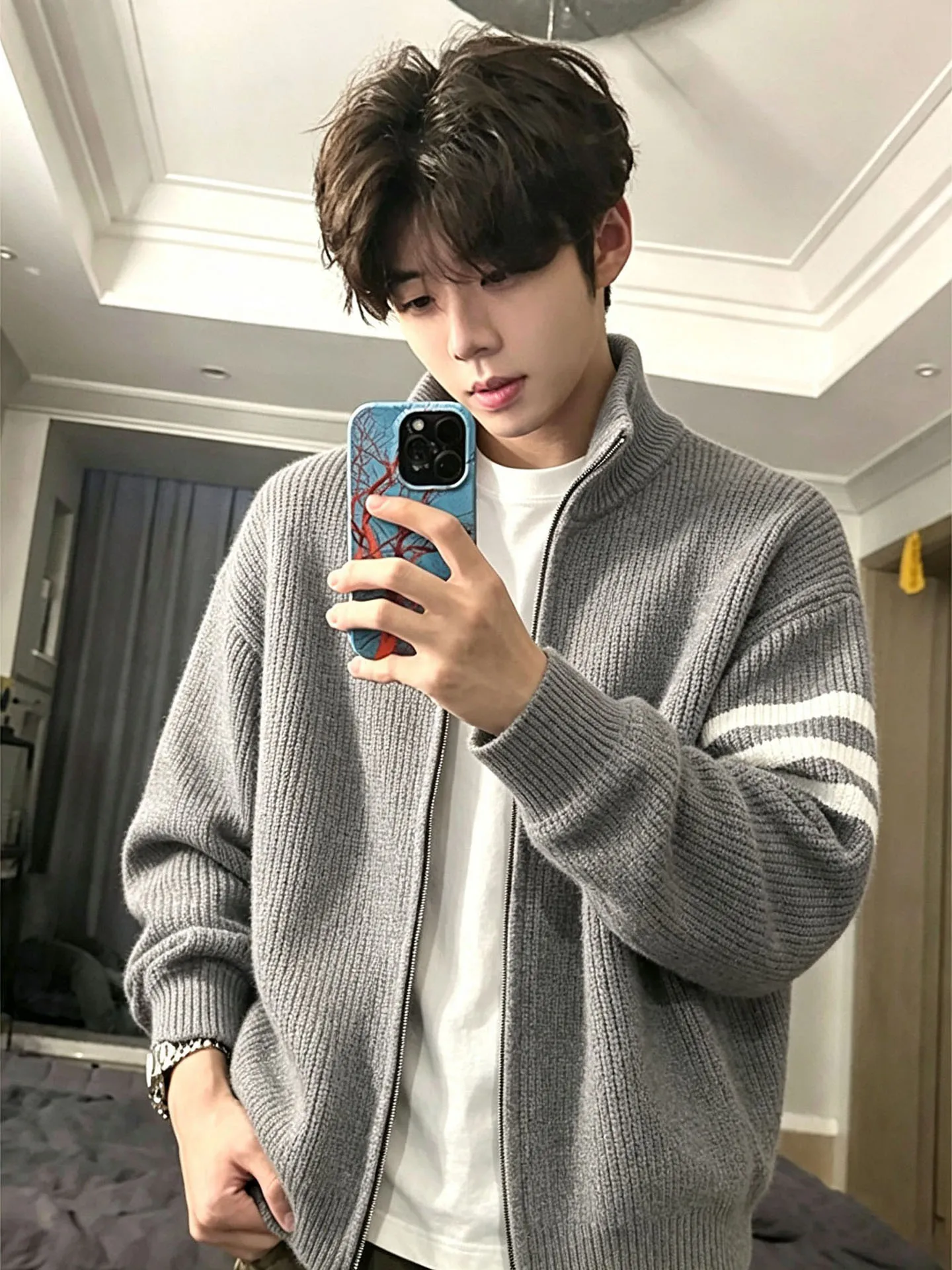 Gray Three-Strip Knitted Cardigan Jacket Men's Style Autumn High-End Lazy Style Stand Collar Double Zipper Korean Style Sweater
