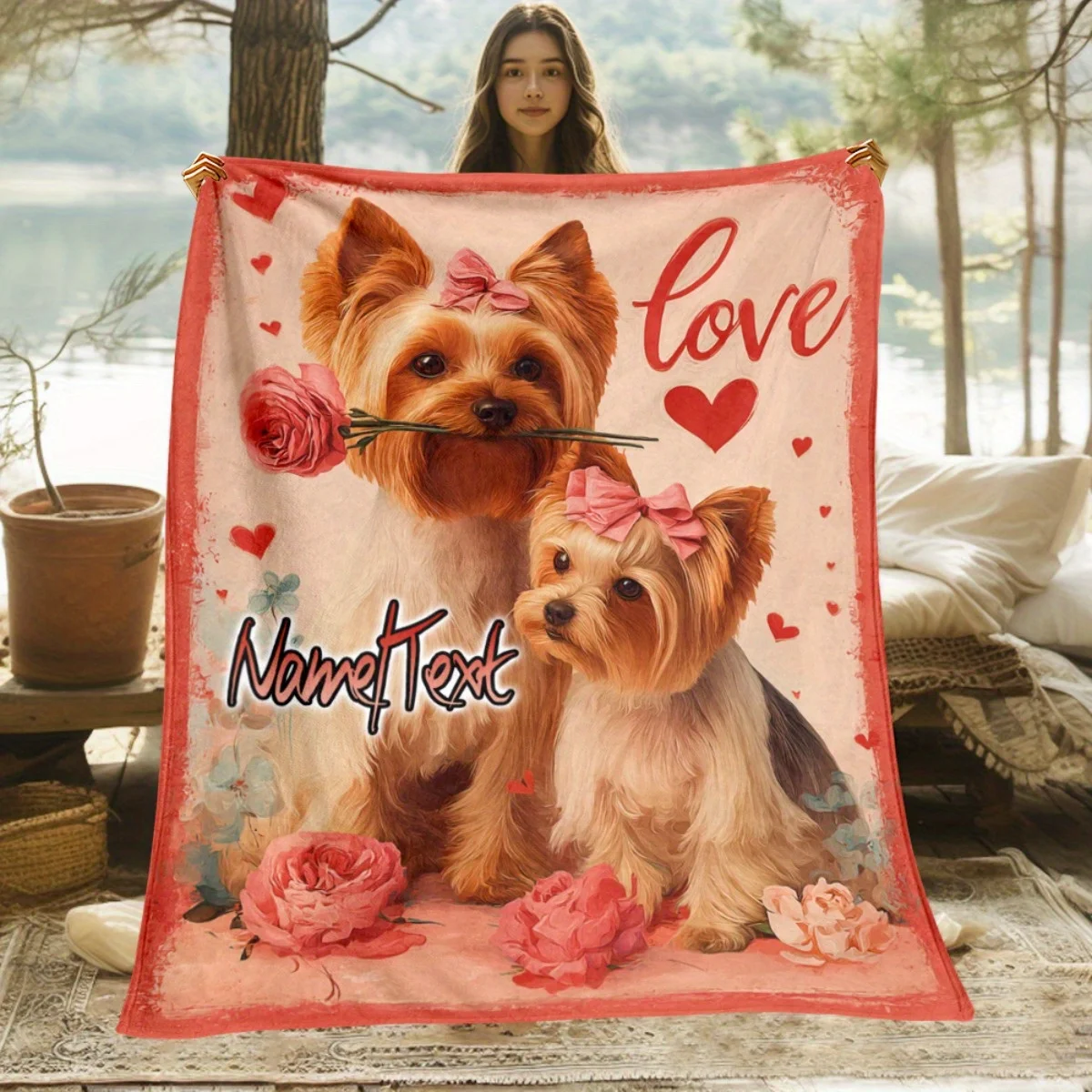 Custom name two puppy flannel blanket, suitable for sofa, bed, birthday, children, friends, gifts