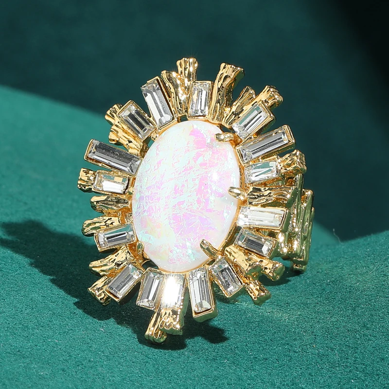 

Antique Bright Gold Plated Flower Zircon Rings Ladies Oval Opal Vintage Natural Stone Jewelry Accessories 2026 New Art Decos