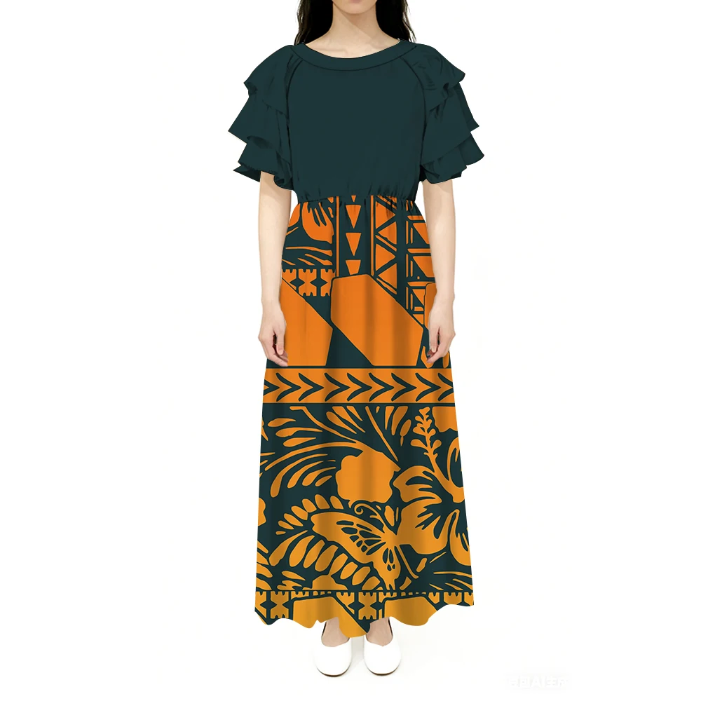 

Layered Lotus Leaf Sleeves Round Neck Long Cinched Waist Design Elegant Women'S Dress Polynesian Custom Evening Dress Pattern