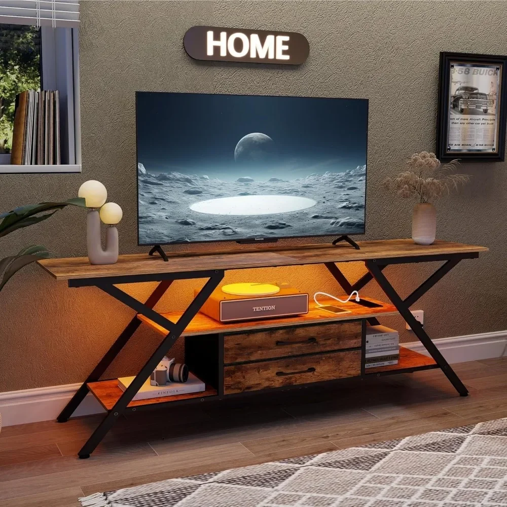 

Modern 55" TV Stand with Power Outlet for TV up to 65 Inch LED and 2 Storage Fabric Drawers Entertainment Center with Charging