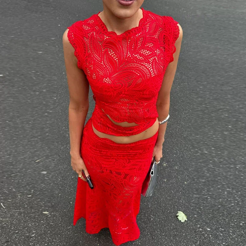 赤いセクシーなフックフラワーホローレースセット、ツーピースクルーネッククロップトップとフィッシュテールスカート、女性用衣装、春夏スリムレディーススーツ