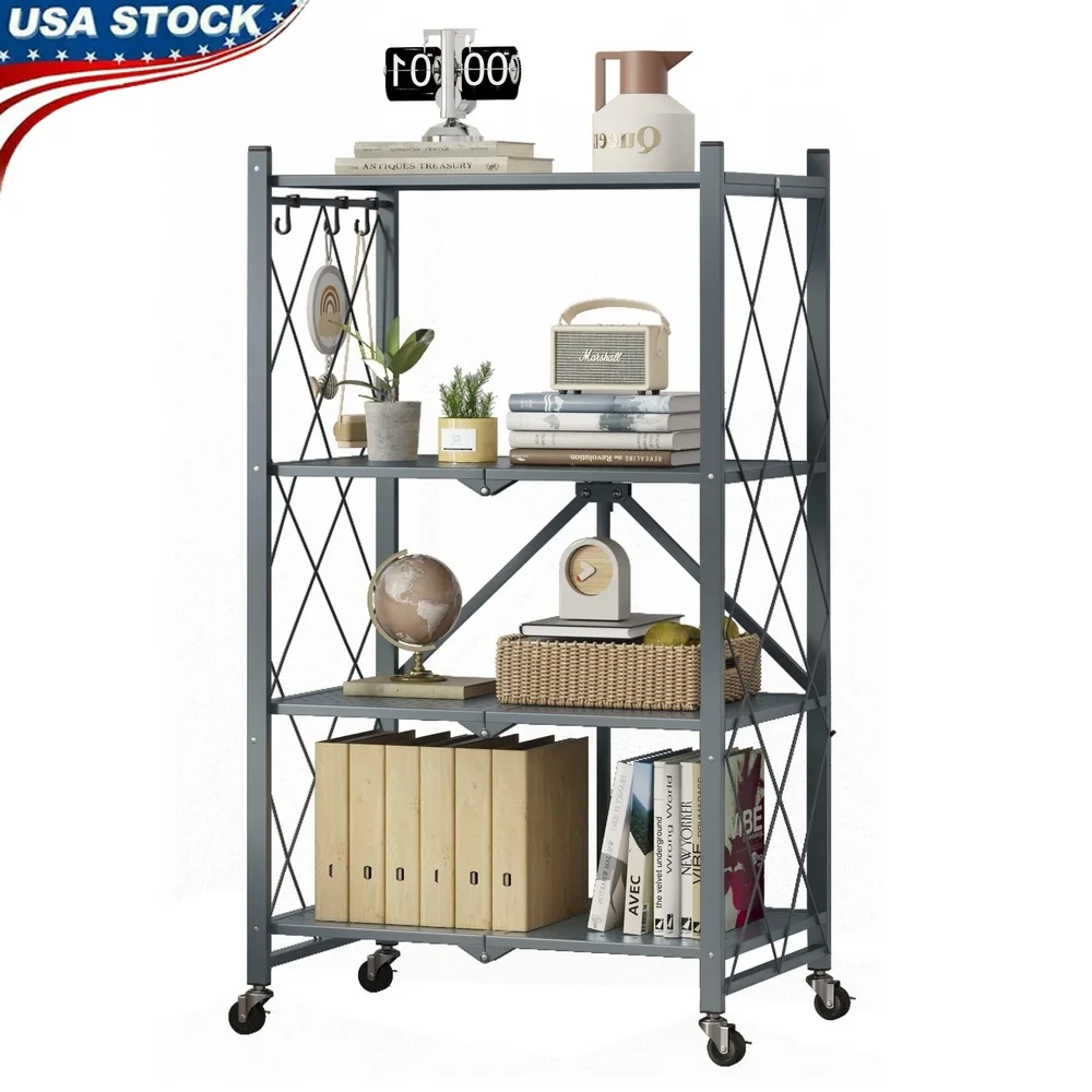 

4-уровневая металлическая полка для хранения, складная с колесами, сверхмощная стойка для кухни, гаража, офиса, легко перемещаемая сборка не требуется