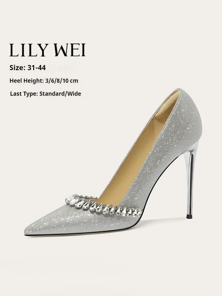 

Spring and summer new pointed rhinestone sequin wedding shoes high-heeled banquet dress large size small size women's shoes