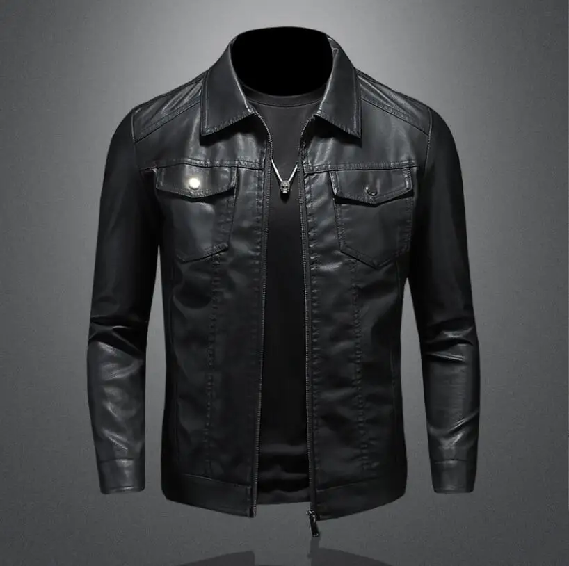 

Men's Motorcycle Leather Jacket Large Size Pocket Black Zipper Lapel Slim Fit Male Spring and Autumn High Quality Pu Coat M-5Xl