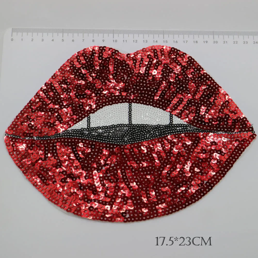 Large Sequin Red Mouth Patches for Clothing, DIY Iron on Lip Parche Appliques, Embroidery Applique Patch, Clothes Accessories