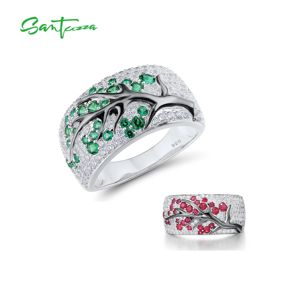 

Кольца SANTUZZA из стерлингового серебра 925 пробы для женщин, красные, зеленые, с изображением вишни, кубический цирконий, сакура, модные свадебные ювелирные украшения