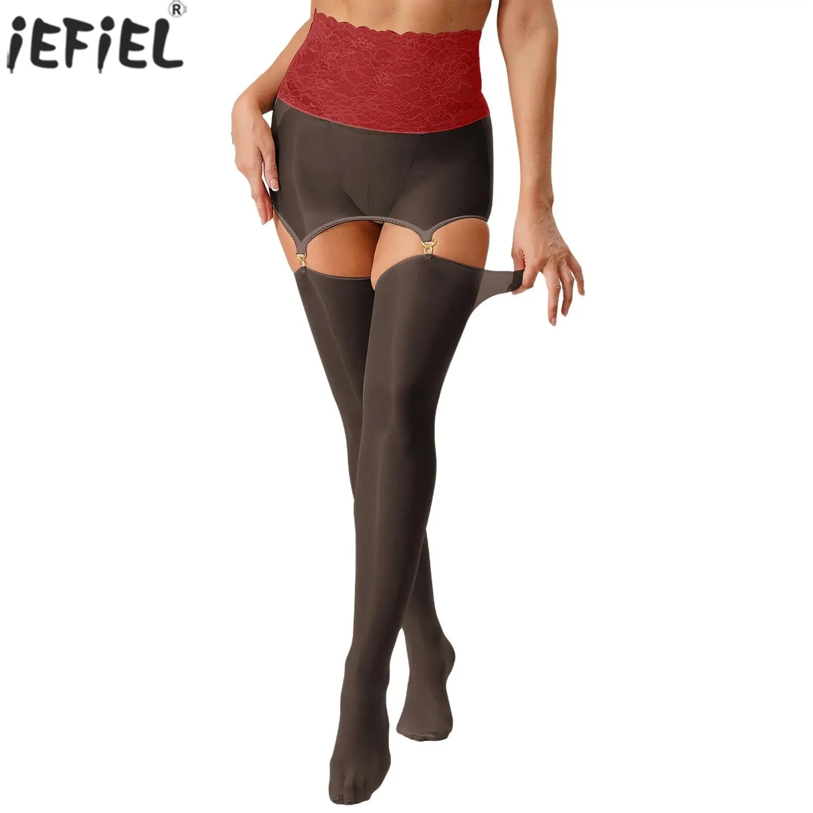 

Adult Women Sexy High Waist Lace Suspender Stockings Open Crotch Stretchy Footed Pantyhose Couple's Role Play Temptation Tights