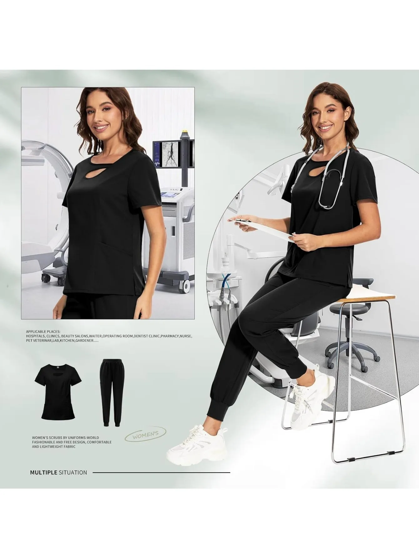 Scrub Set For Doctors Nurses in Nursing Homes and Beauty Salons Workwear for Healthcare Workersw Design Neck 4 Way Stretch Top