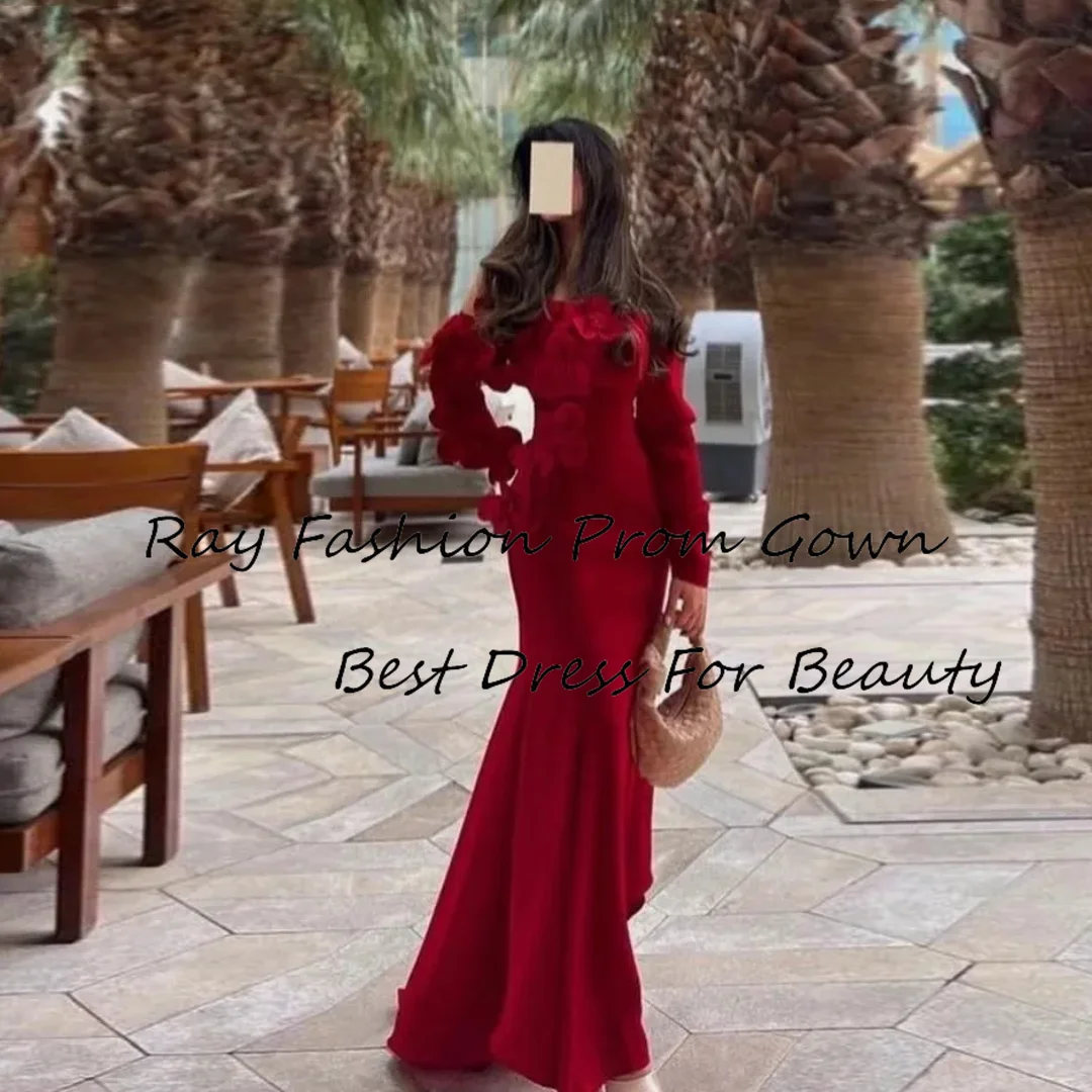 

Ray Fashion Prom Dress Elegant Red O Neck Mermaid 3D Flowers Beaded Floor Length Long Sleeves Prom Dress Evening Party Gowns