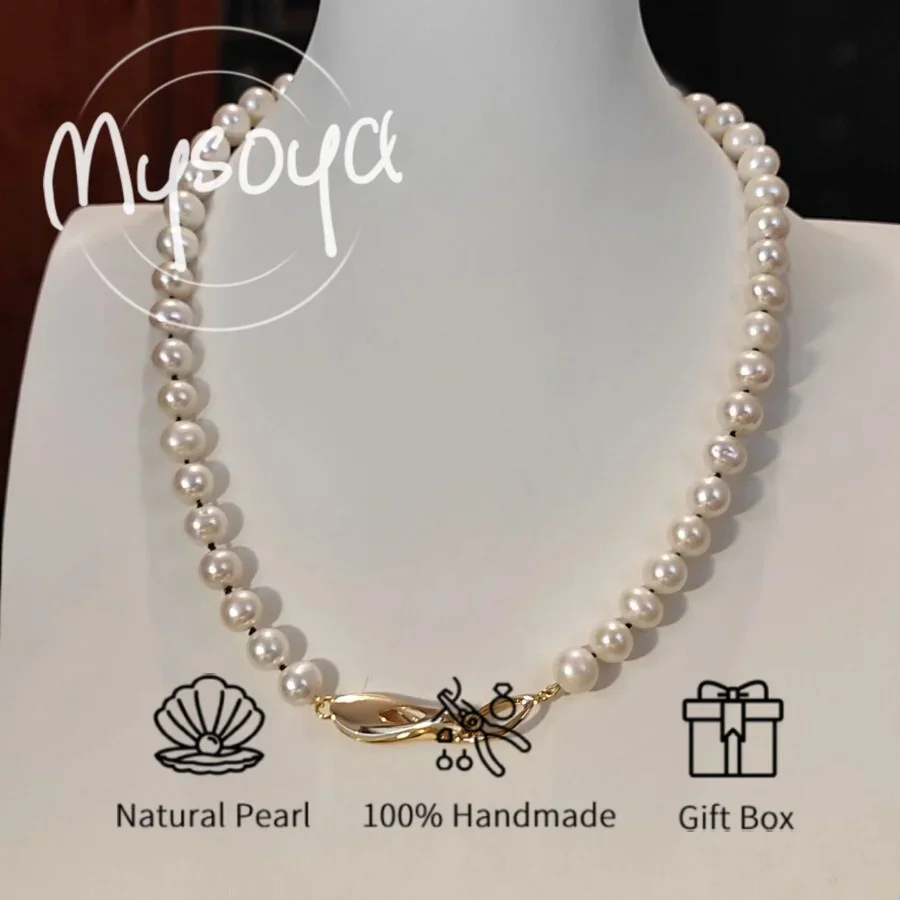 

MYSOYA 8-9mm White Freshwater Pearl Necklace For Women Men With Gift Box Perfect Gift For Wedding Birthday Christmas New Year