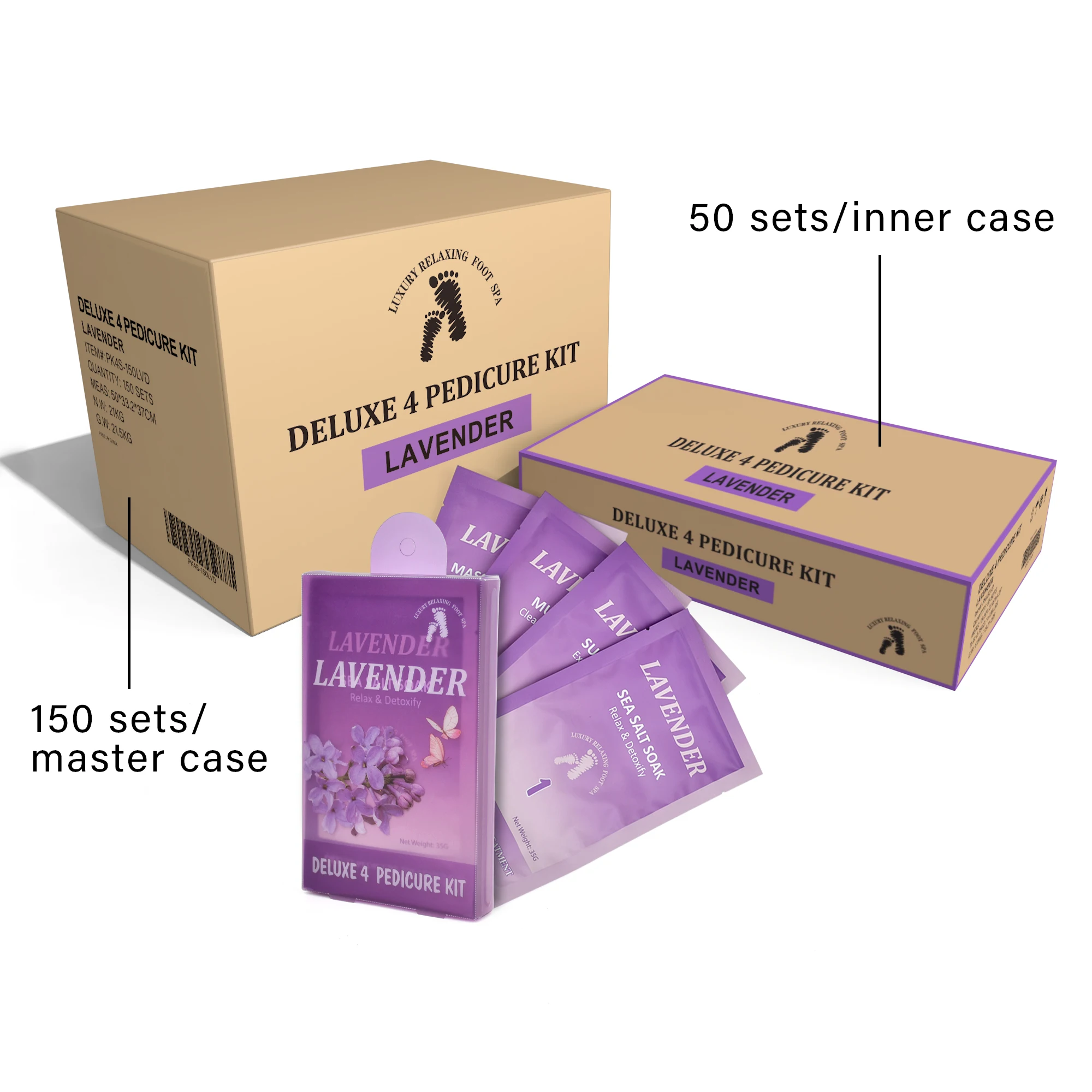 

150Sets/Case 4 Step Spa Pedicure Kit Foot Scrub Soak Herbal Spa Foot Peeling Skin Care 4 in 1 Deluxe Spa Pedicure Kit