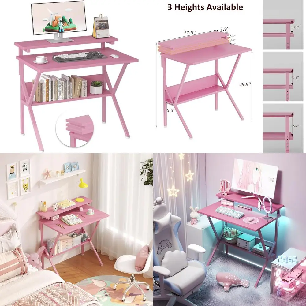 

Compact 27.5 Pink Computer Desk with Adjustable Monitor Stand and Storage for Small Spaces