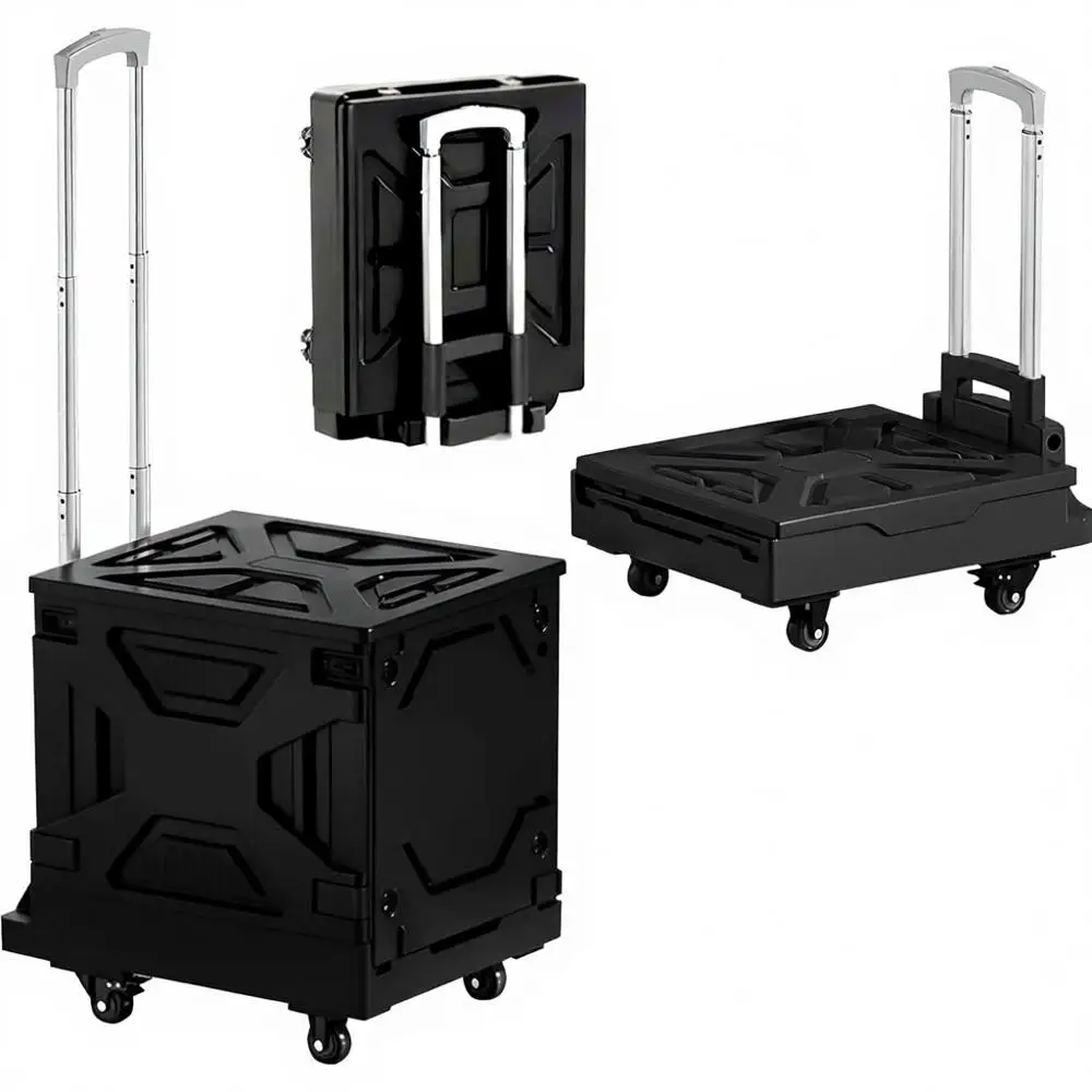 

Collapsible Rolling Cart, Heavy Duty, Shopping, Travel, Office, Home, Portable Large Cart, Telescoping Handle, Black