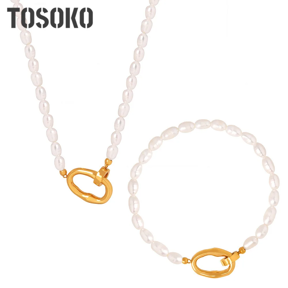 

TOSOKO O-Shaped Buckle Freshwater Pearl Lock Necklace Jewelry Women's Fashion Bracelet Set P1443-E436