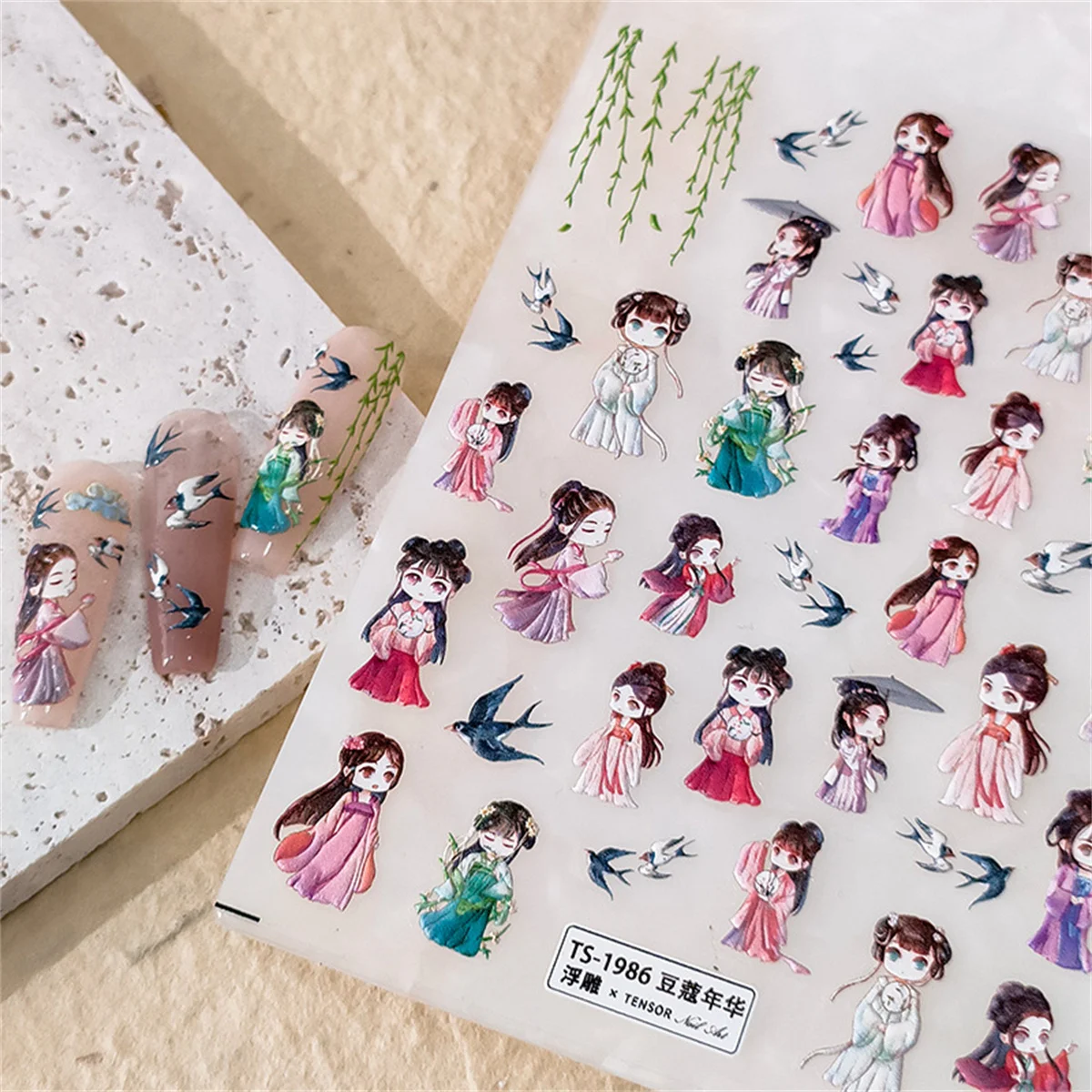 1pcs 5D Relief Kawaii Chinese Styles Nail Art Stickers Young Girl Self Adhesive Transfer Nail Decorations Slider Decals Ornamen