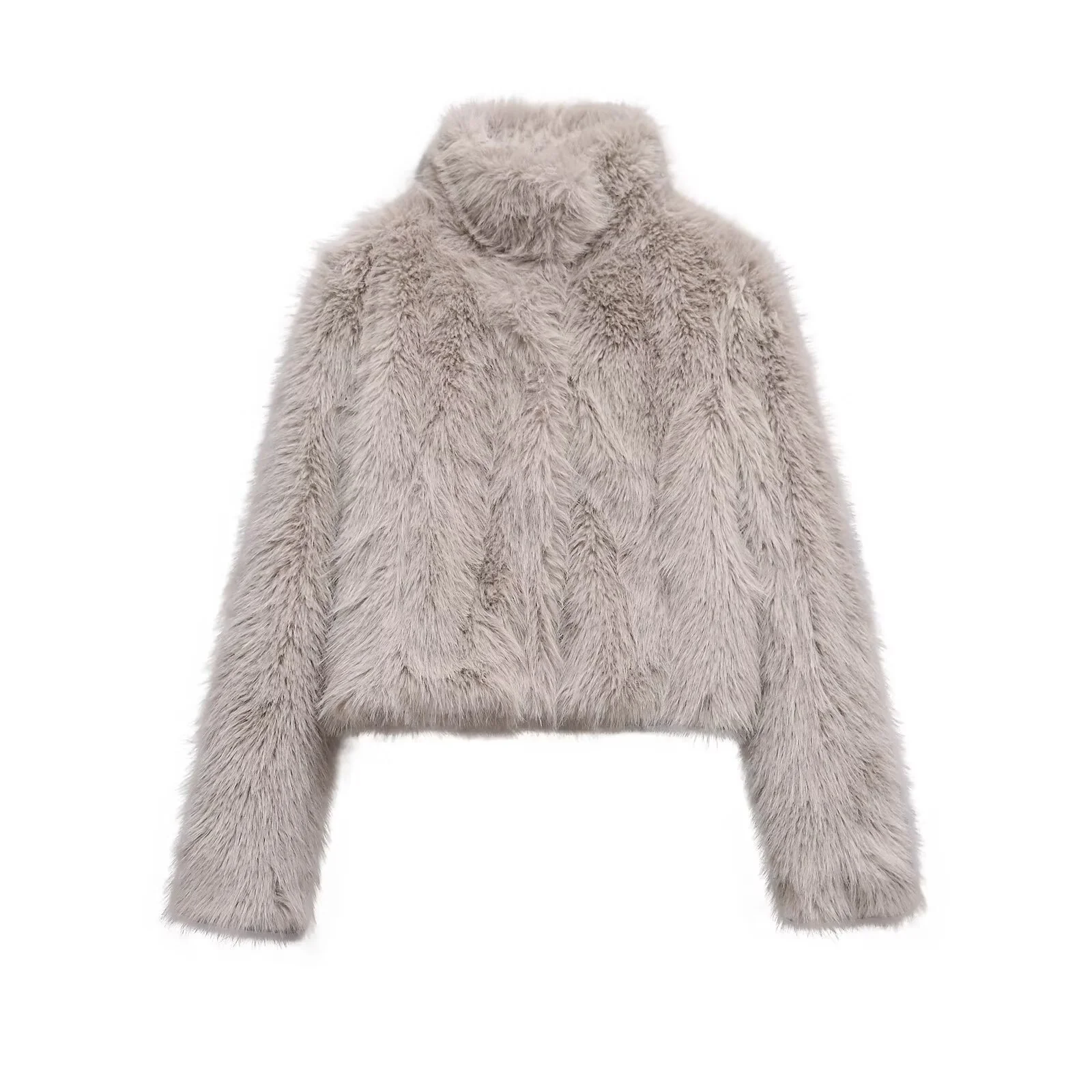 2025 invierno nueva mujer Casual moda elegante piel sintética cuello alto manga larga abrigo corto de felpa Top