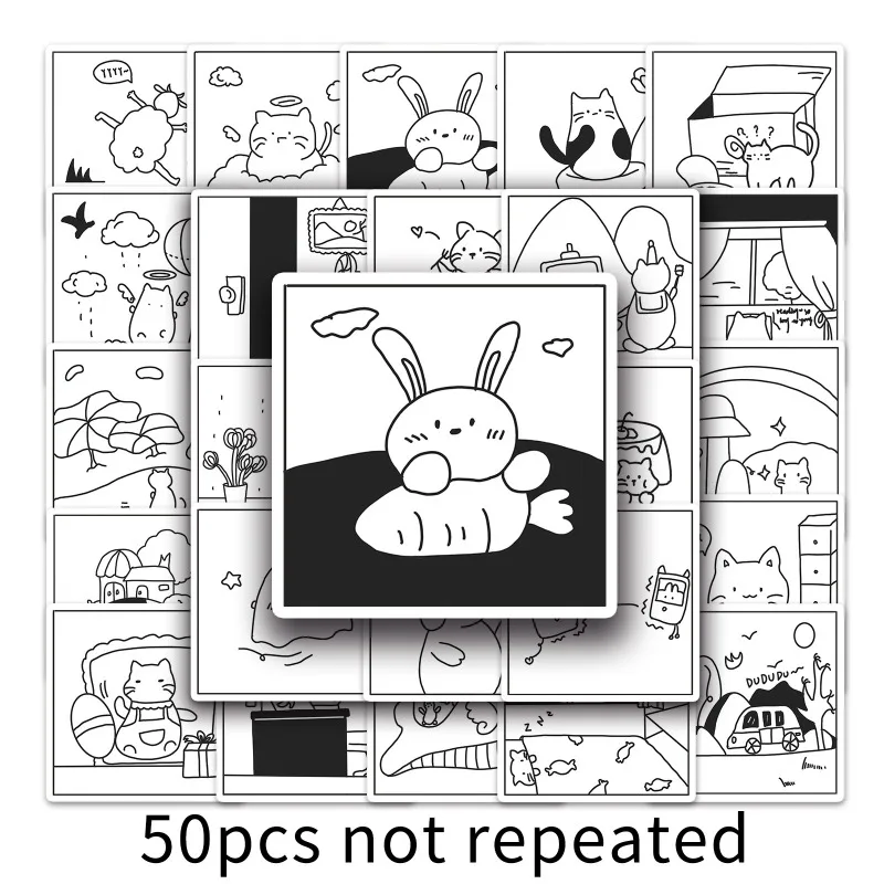 50PCS Black White Line Drawing Kitten Graffiti Stickers Simple Cartoon Decals for DIY Photocard Scrapbook Kawaii Craft Supplies