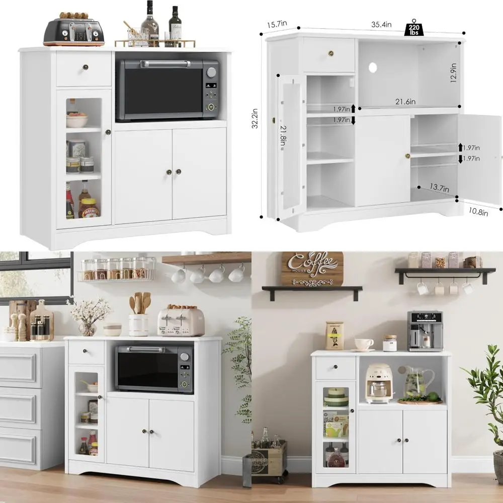 3-door 1-drawer kitchen storage cabinet with adjustable shelves, microwave-friendly buffet sideboard