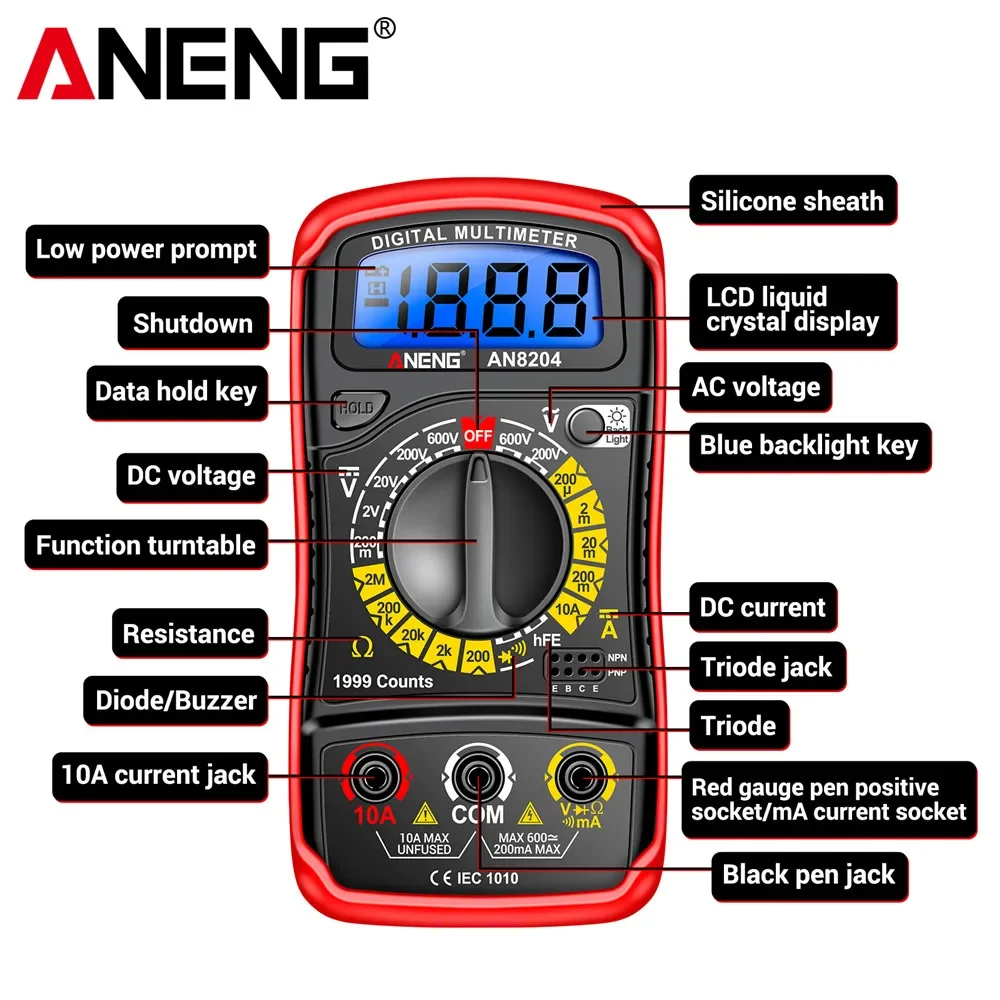 ANENG AN8204 Palm Digital Multimeter hFE Triode Diode Tester Intelligent NCV Voltage Buzzer Meter Anti-burn Maintenance Tools