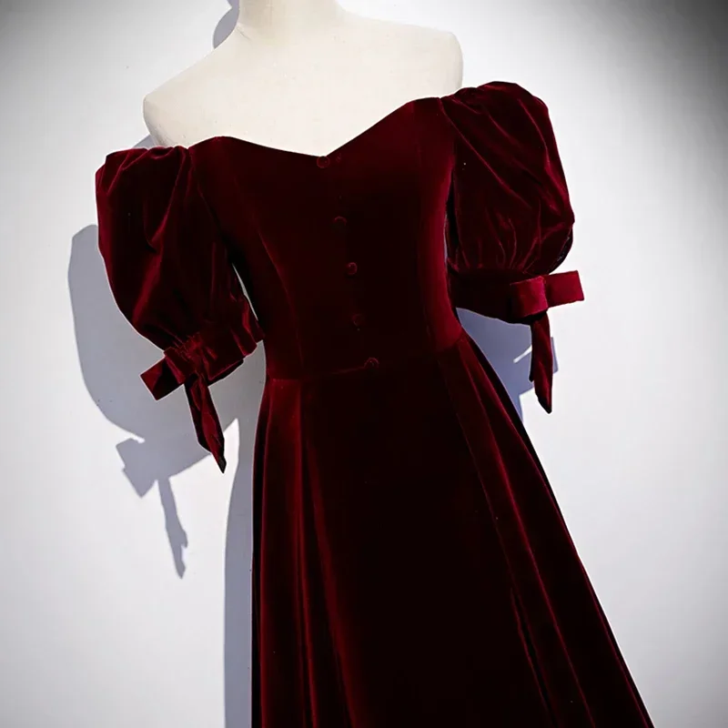 Robe de Soirée Personnalisée en Velours Rouge Vin, Grande Taille, à Manches Courtes, Fermeture Éclair, Ligne A, Longueur au Sol, Formelle