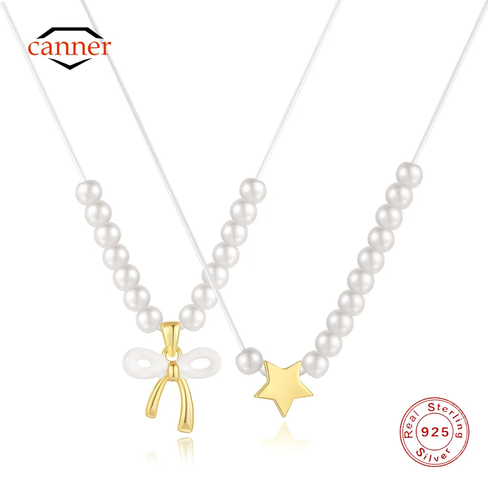 CANNER Bow Smooth Pentagonal Star 925 Sterling Silver Artificial Pearl Necklaces For Women Ins Minimalism Chain Jewelry Gift