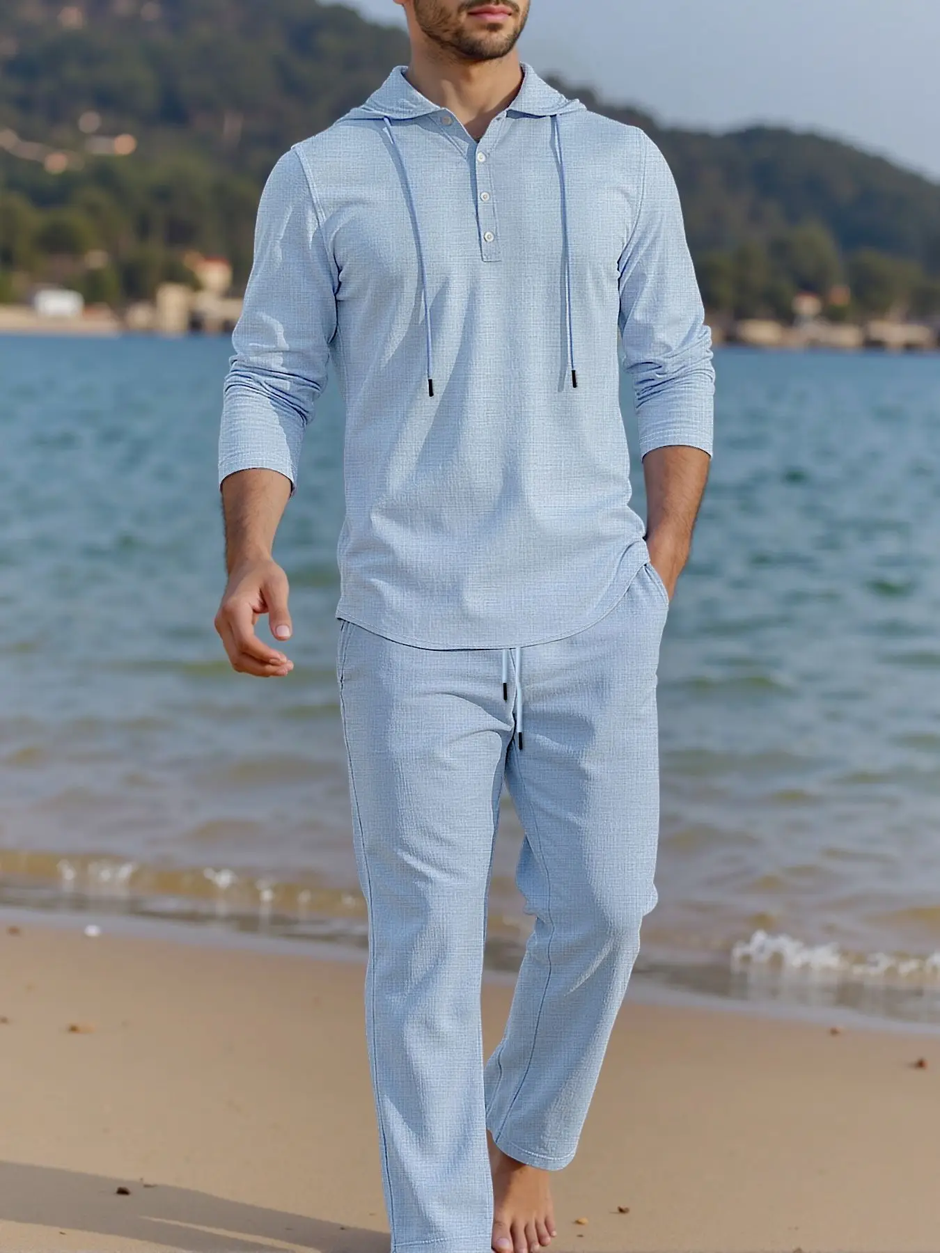 Men's Linen Hooded Tracksuit Long Sleeve Button Up Casual Lounge Set Elastic Waist Two Piece Outfit