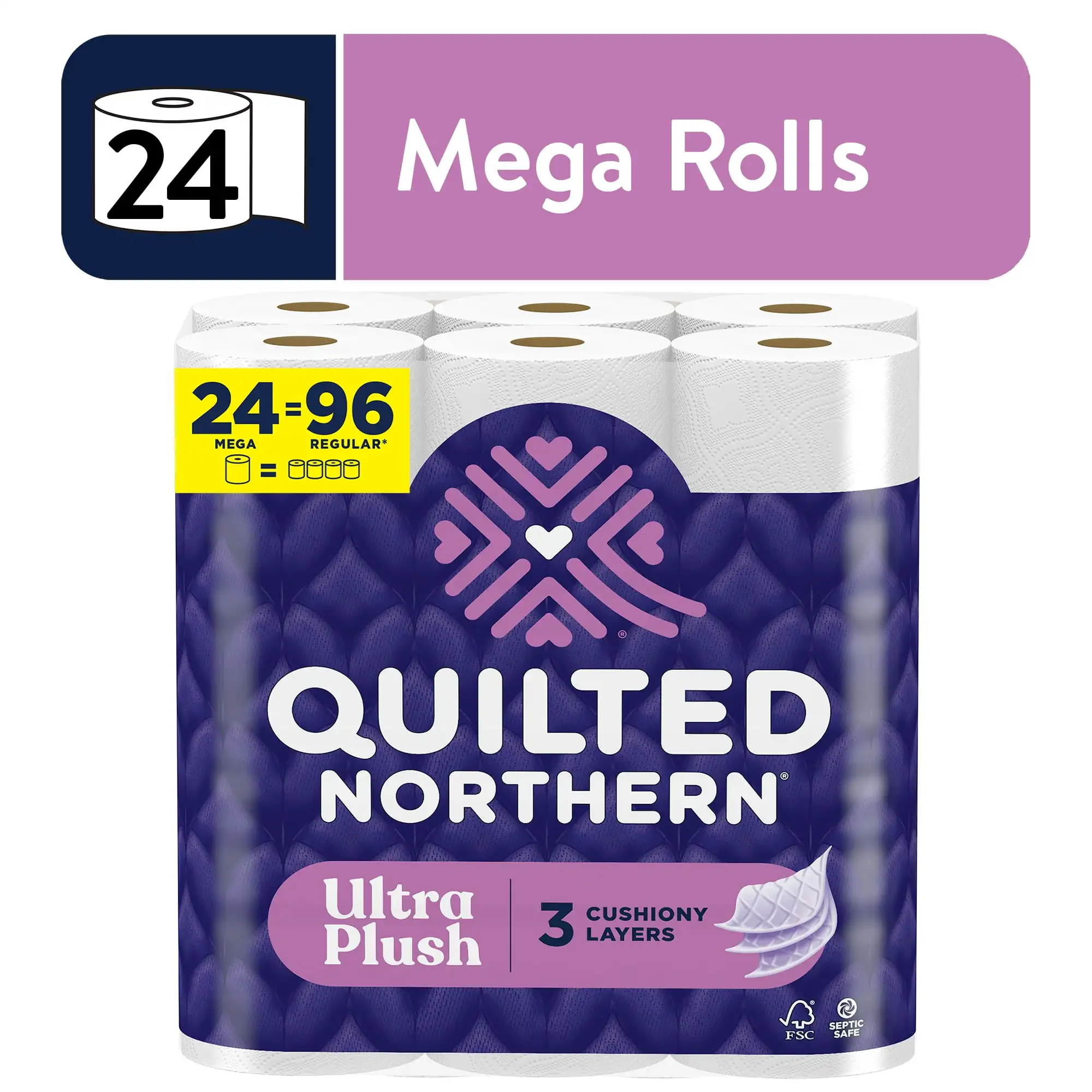 Ultra Plush 24 Mega Rolls, 3X More Absorbent*, 3-Ply Toilet Paper