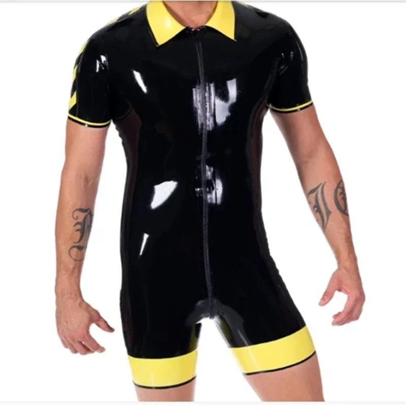 Latex Catsuit Handmade Black with Yellow Trim Front Zip Rubber Jumpsuit Bodysuit for Men Customize