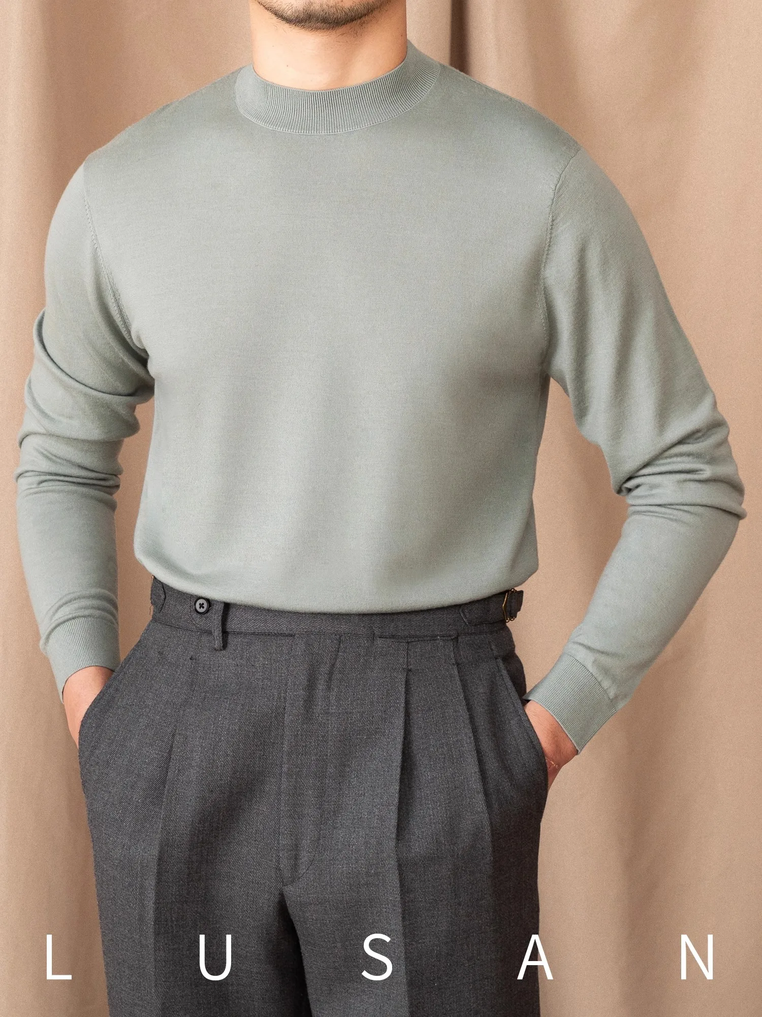 Pulôver masculino 100% lã – Suéter britânico Commuter Slim Fit com camada base semi-gola alta