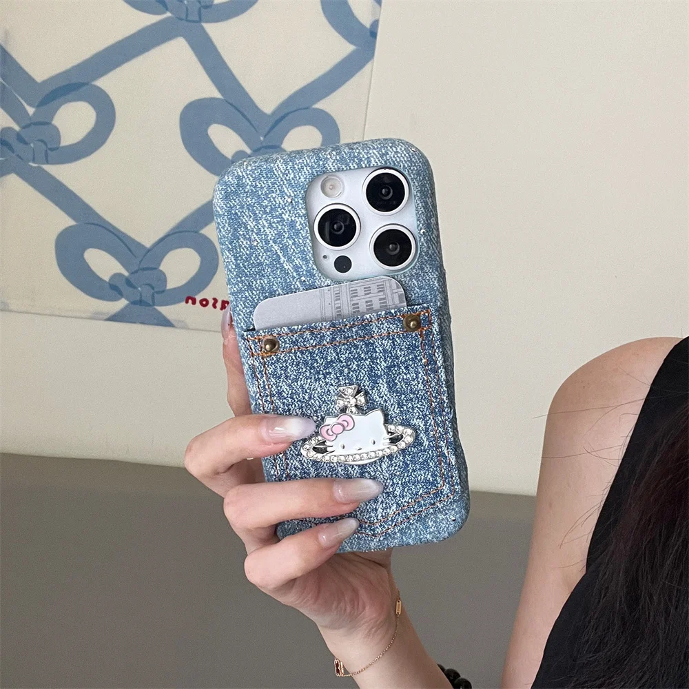 

Fashion cowboy Flash drill Hello Kitty phone case for iPhone 16 15 14 13 promax Funda with card bag for women‘s protection cover