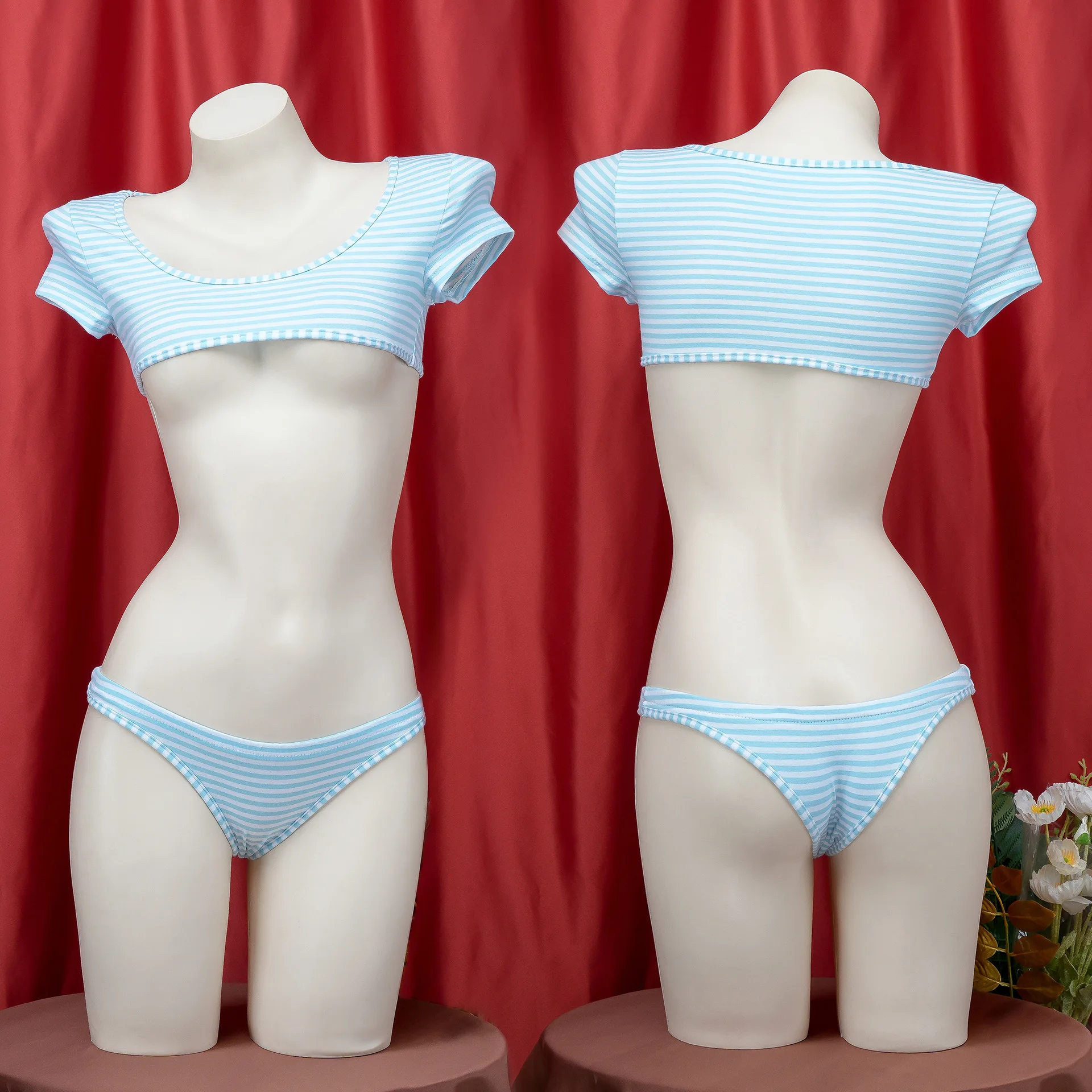 Japanese Super Short Striped T-shirt Underwear Sets Three point style School Cosplay Costume Girls Uniform Bikini