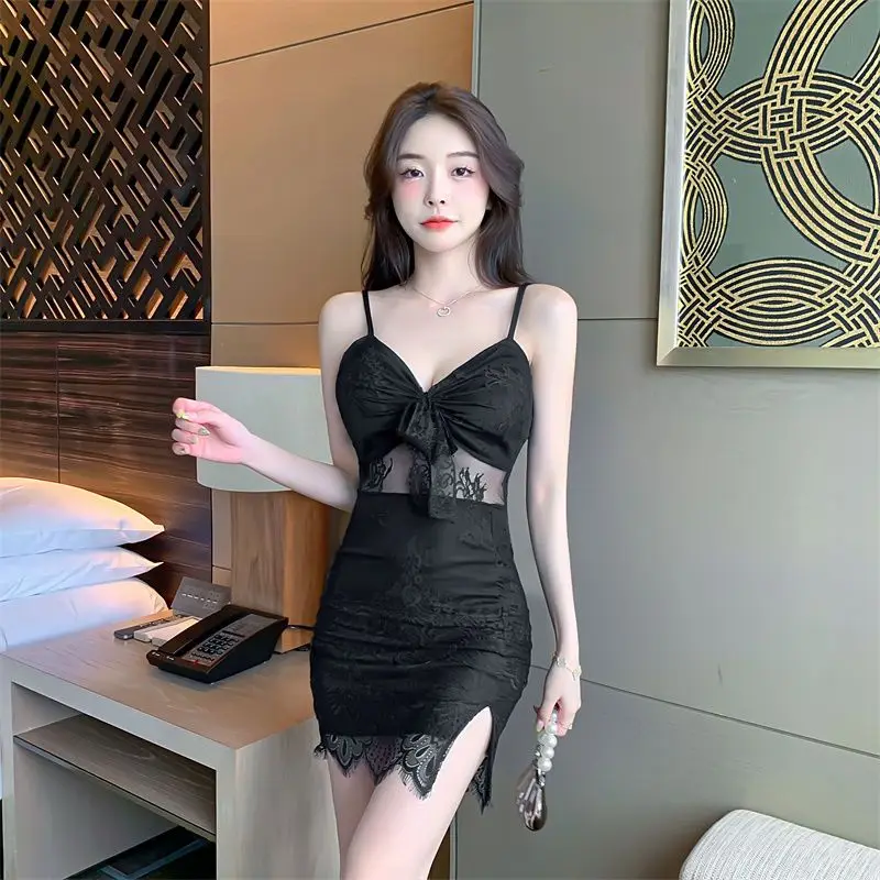 Elegant Slim Fit Bodycon Dress Low V Neck Slit Strap Clubwear