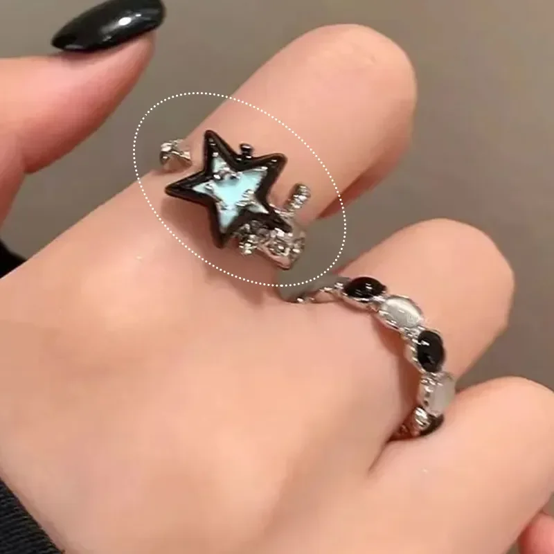 Y2K Lucky Star Rings Set Retro Irregular Pentagram Heart Crystal Finger Ring Geometric Punk Moonstone Fidget Jewelry Accessories