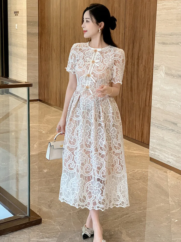 2024 Summer New Elegant O-neck Short Sleeve Lace White Dresses  Women Bow Beaded Hollow out Wedding Prom One Piece Dress Female