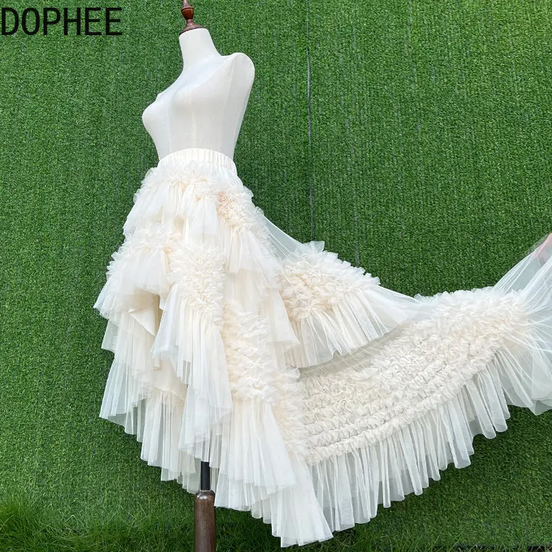 Original Elegant Ruffles Trailing High Waist Puffy Skirt New Spring Summer Irregular Elastic Waist Floor-length Mesh Cake Skirts