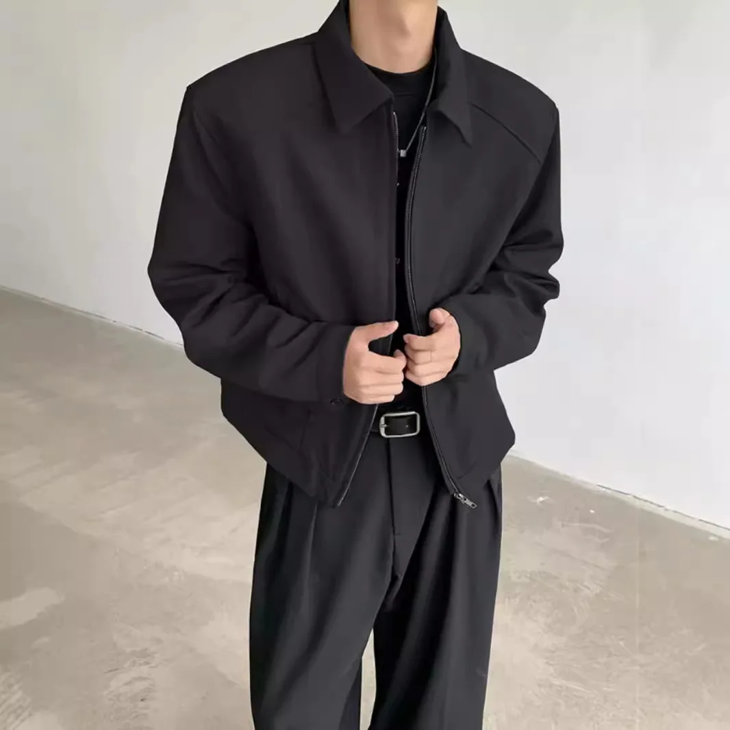 Men Grey Black Solid Color Turn-down Collar Zipper Long Sleeve Simple Basic Casual Daily Jackets Spring Autumn New Fashion Coats
