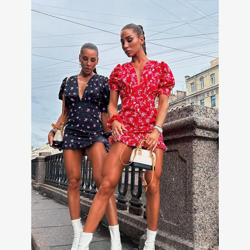 Chic Printed Slim Fit Mini Dress Women Elegant V-neck Puff Short Sleeves Waist Cinching Dresses 2026 Summer Lady Party Robes New